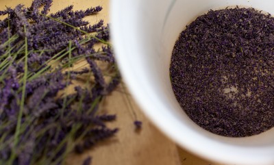 Shelling "Shelling" lavender by removing the flowers from the stems.